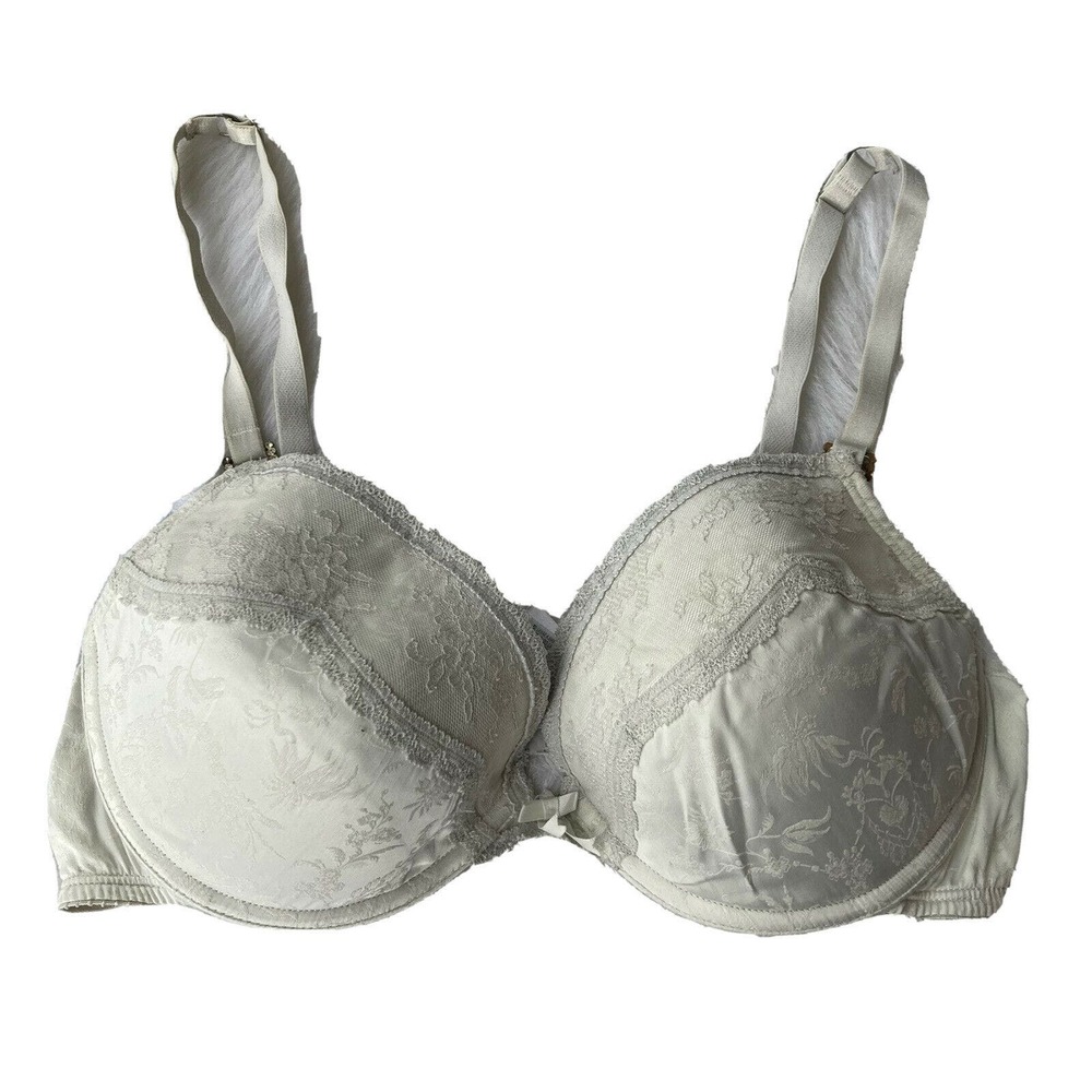 Vintage Pleasure State Bra Sz 36DD White Liquid Satin Creme Lace Cups Underwire